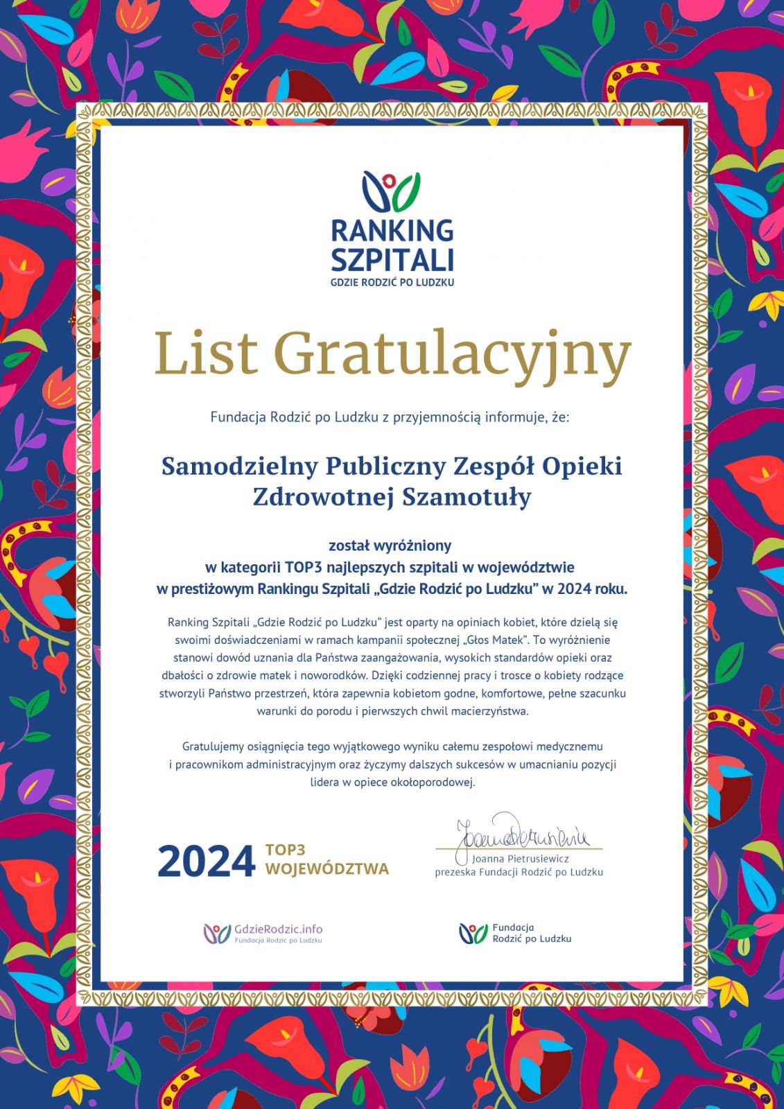 List gratulacyjny dla SPZOZ